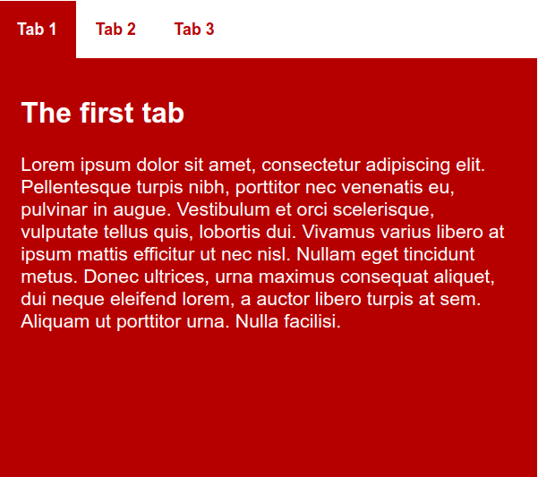 Tab 1 is selected. 'Tab 2' and 'Tab 3' are the other two tabs. Only the contents of the selected tab are visible. When a tab is selected, its text-color changes from black to white and its background-color changes from orange-red to saddle-brown.