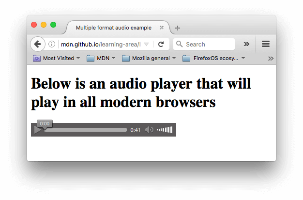 Un sencillo reproductor de audio con botón de reproducción, temporizador, control de volumen y barra de progreso