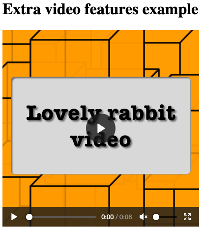 Un reproductor de vídeo que muestra una imagen de cartel antes de reproducirse. La imagen del cartel dice Extra video fetures example, Lovely rabbit video