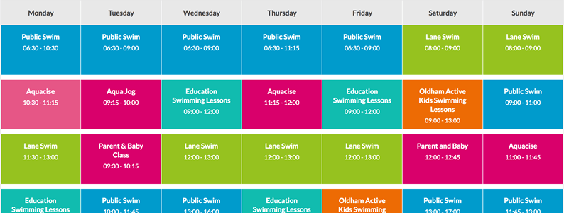 Una tabla de datos que muestra unos horarios de clases natación