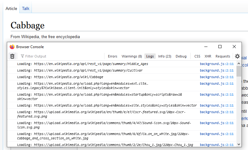 Menu de la console du navigateur : URL affichées depuis une extension