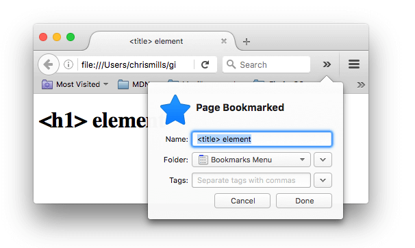 A webpage being bookmarked in firefox; the bookmark name has been automatically filled in with the contents of the 'title' element